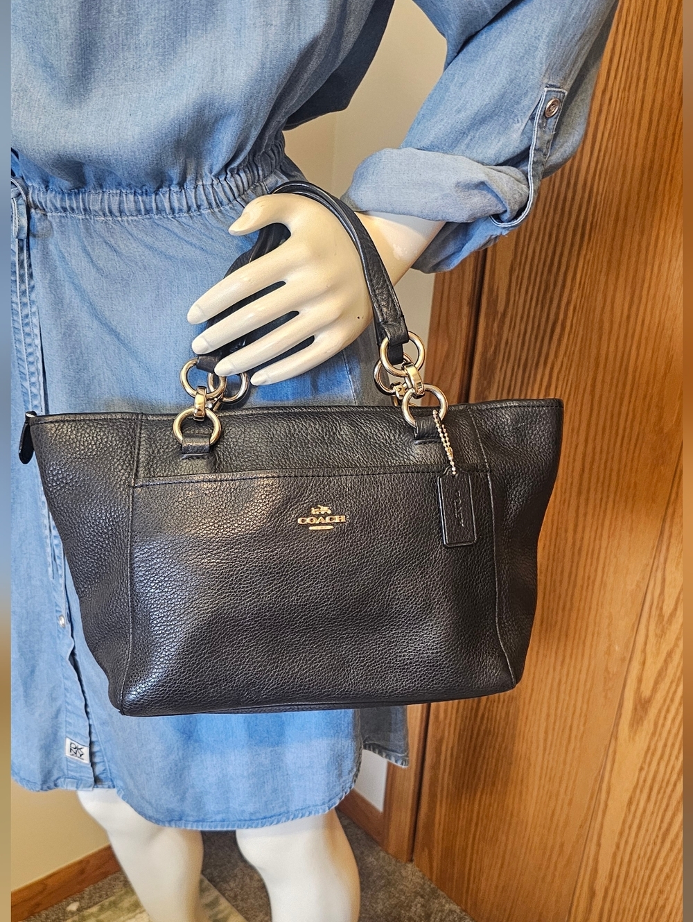 Coach Black Pebbled Leather Crossbody with Gold-Tone Rings